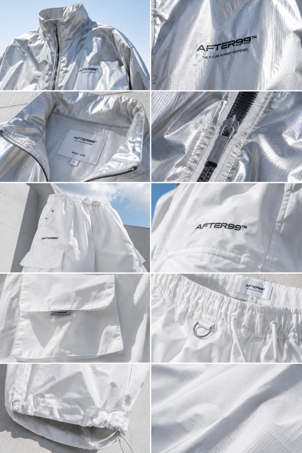 Close-up details of shell jacket and cargo pants
